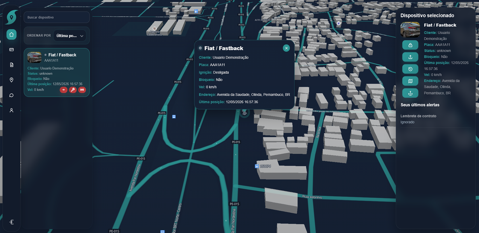 Dashboard RastroFácil — mapa de rastreamento em tempo real